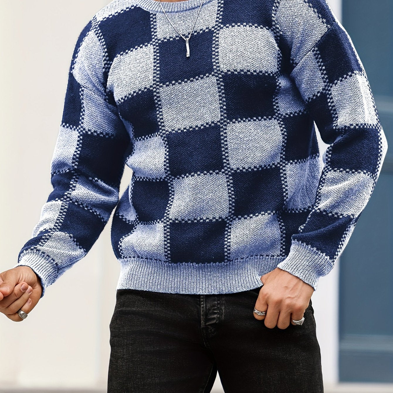 Men's Color Blocking Textured Checked Print Casual Trendy Sweater, Long Sleeve Pullover As Gift For Fall And Winter