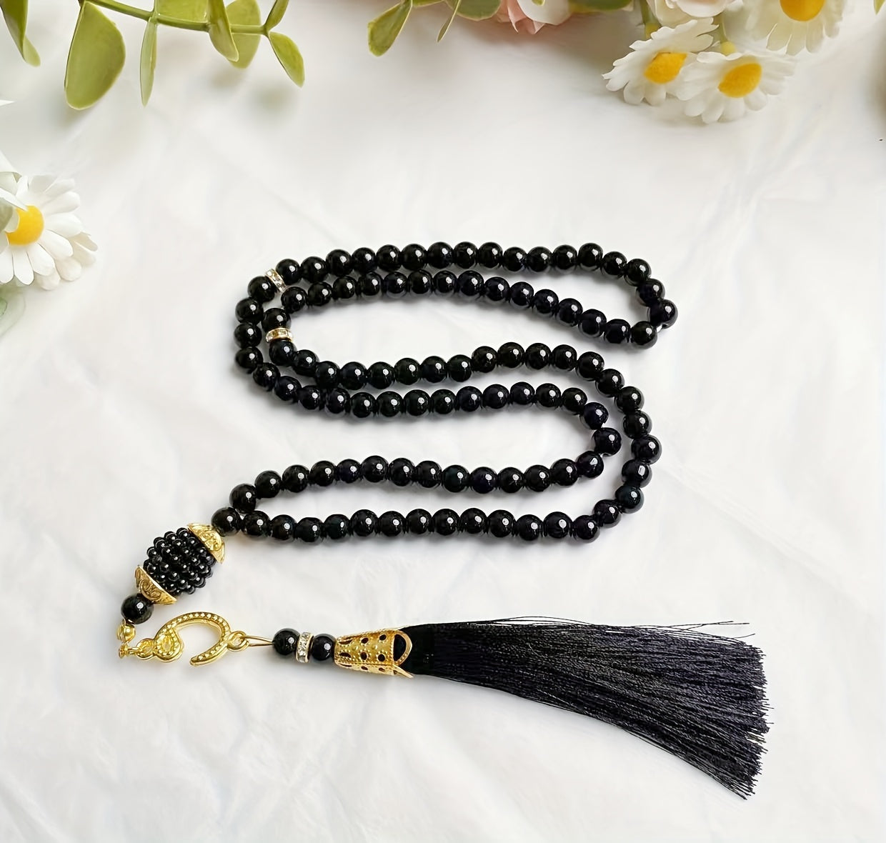 Simple Classic Black Glass Prayer Beads, 99 Count Handheld Tasbih - No Plating, Daily & Gift Occasion Versatile Strand