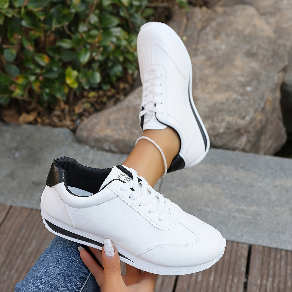 Women's Lightweight Casual Sneakers - White Synthetic Leather, All-Season Comfort, Stability Support, Breathable Fabric Lining, TPR Sole, Perfect for Casual Attire, Cute Shoes