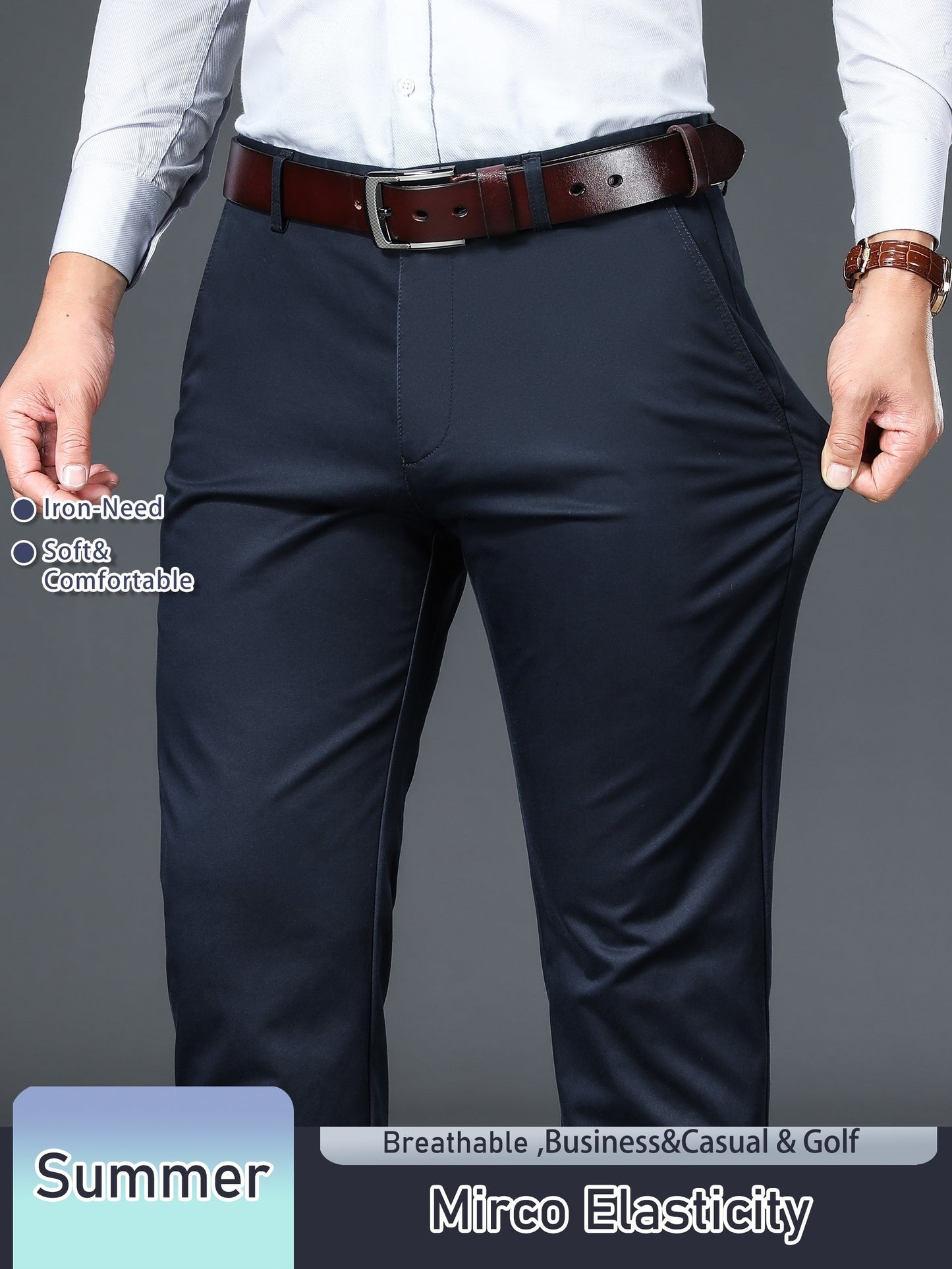 Men's Solid Color Straight Leg Business Style Cotton Blend Pants, Casual Comfy Breathable Outdoor Trousers As Gift