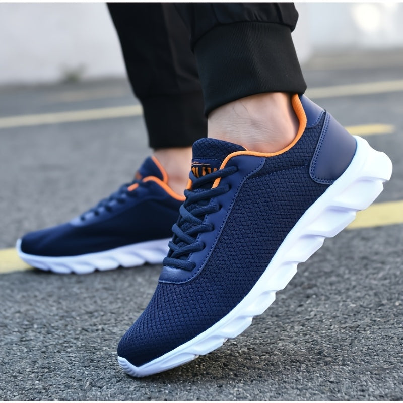 Breathable Mesh Sneakers in Navy Blue with Orange Accents, Comfortable Sole Running Shoes for Spring/Summer