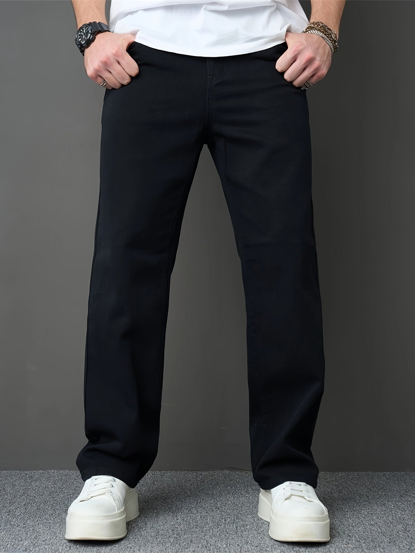 Men's Classic Black Straight-Leg Jeans - Loose Fit, Solid Color Denim, Cotton Blend, Machine Washable, All-Season Style, Streetwear Fashion|Modern Basic Jeans|Cotton Blend Denim