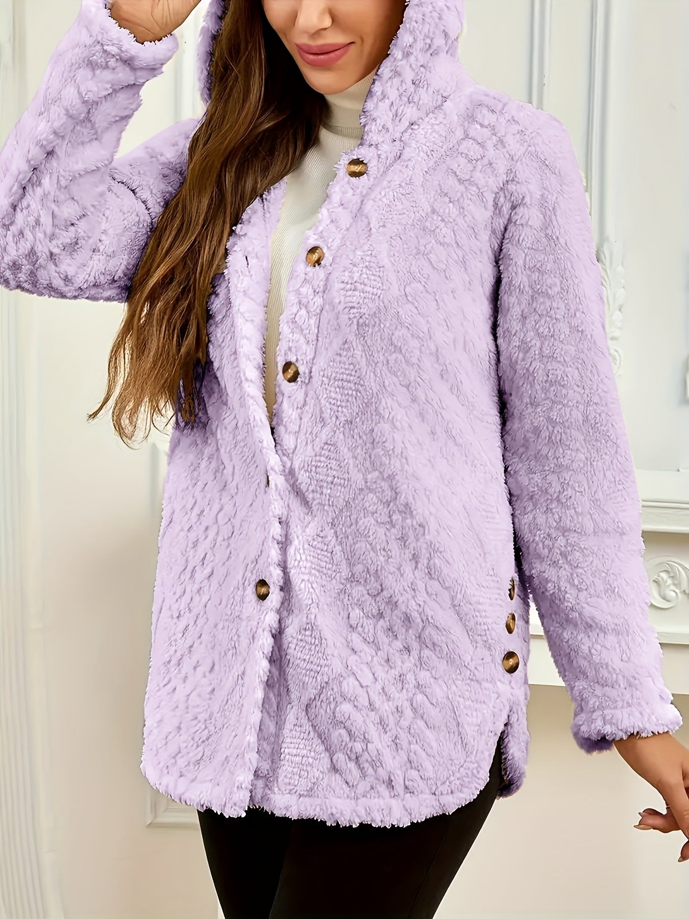 Elegant Pink Faux Fur Coat for Women - Chic Button-Front Hooded Jacket with Sleek Collar, Long Sleeves, and Ribbed Detailing - Perfect for Fall & Winter, Hand or Dry Clean Only