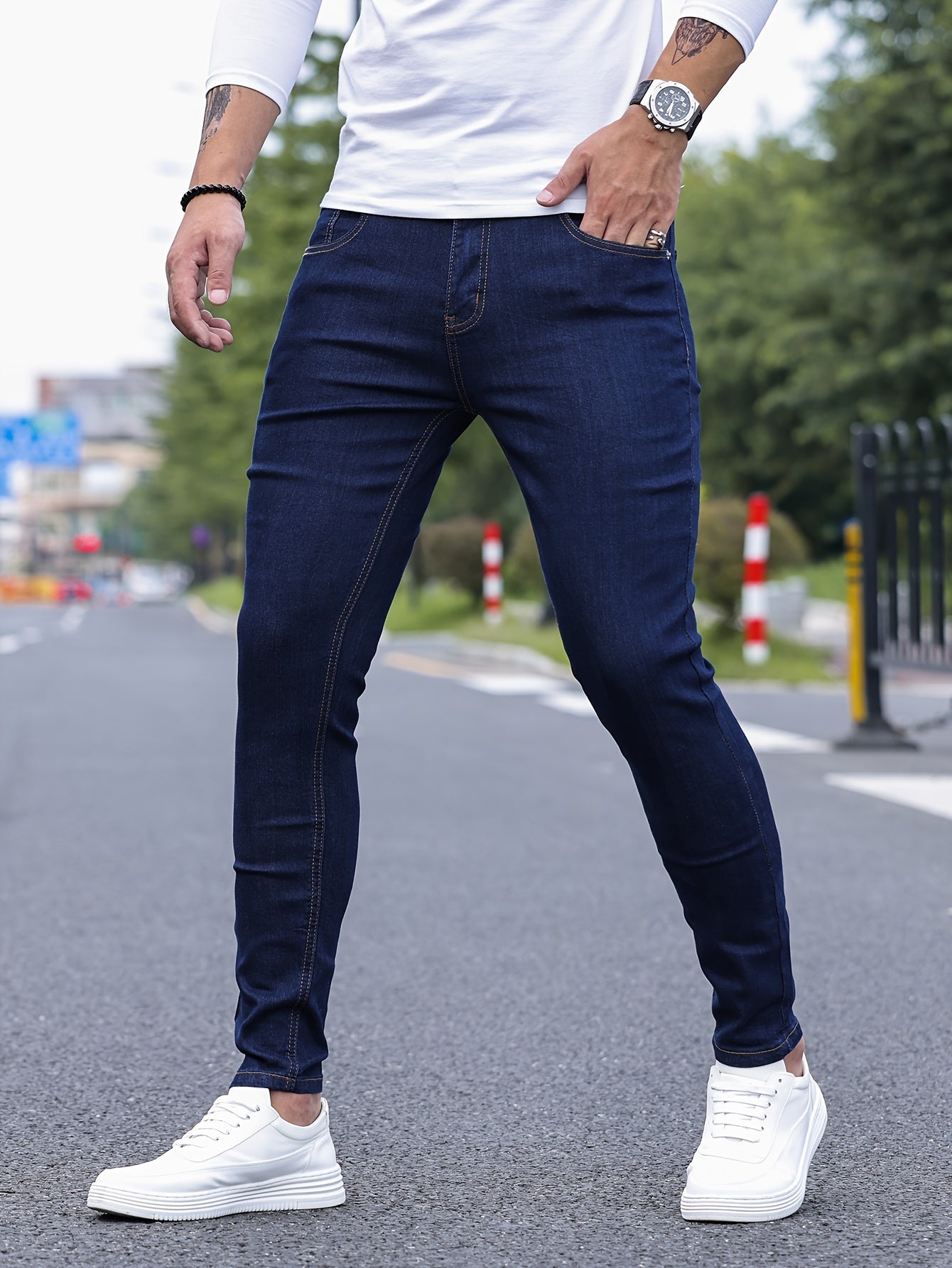 Slim Fit Chic Jeans, Men's Casual Street Style All Match Stretch Denim Pants With Pockets