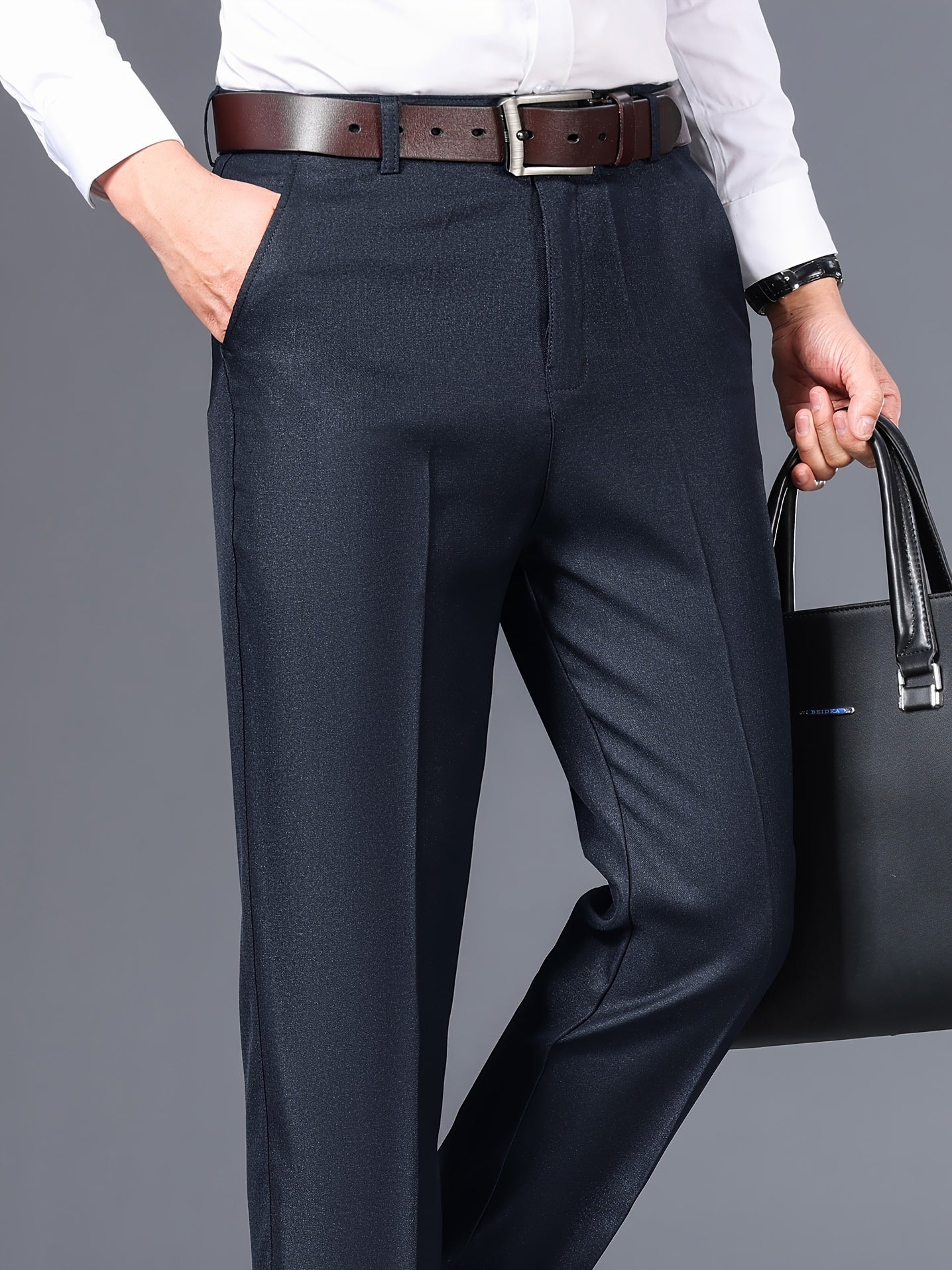 Men's Classic Gray Dress Pants - Medium Thick, Straight Fit with Slant Pockets & Zipper Closure, Polyester, Non-Stretch Fabric for Business Casual & Formal Wear, Ideal for Spring/Autumn