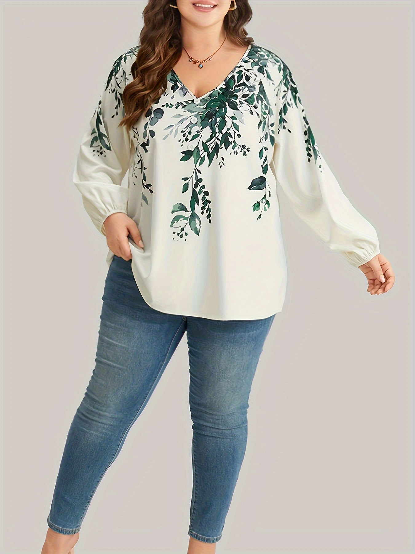 Plus Size Floral Print Blouse, Casual V Neck Long Sleeve Blouse For Spring, Women's Plus Size Clothing