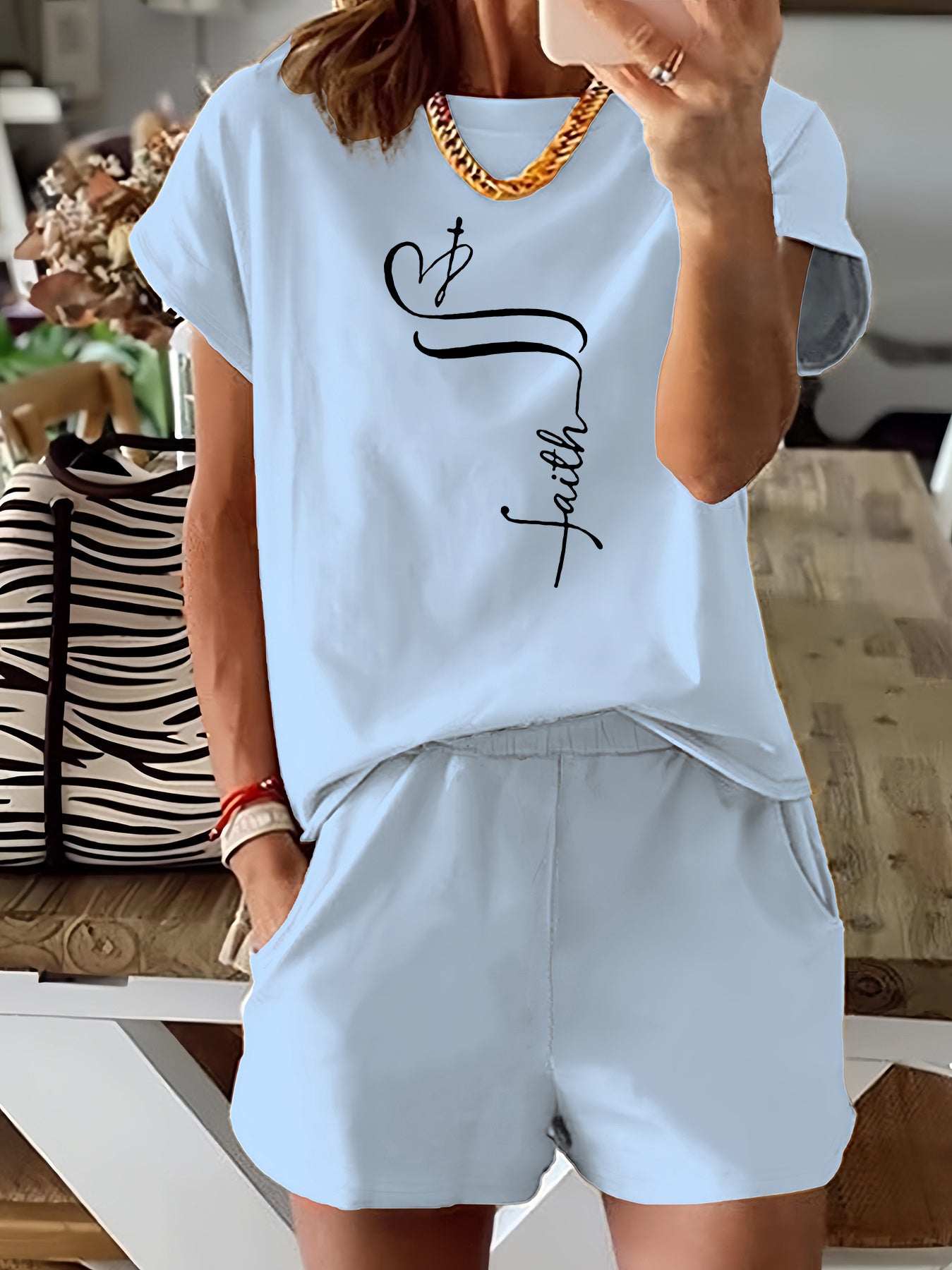 Women's Casual Letter Print Two-Piece Set - Comfy Short Sleeve T-Shirt & Shorts, Stretchy Polyester Blend, Machine Washable