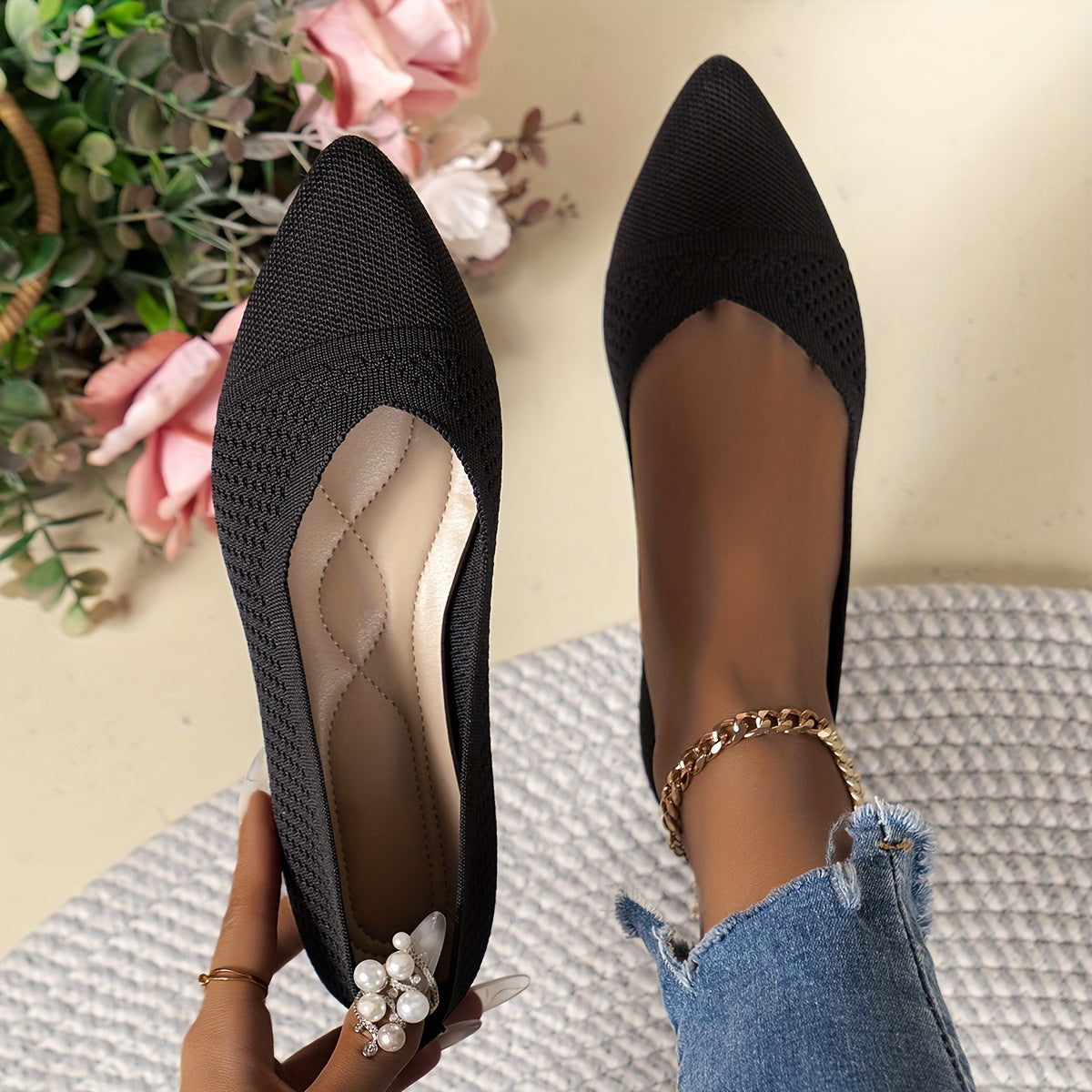 Women's Fashion Flat Shoes, Casual Pointed Toe Knit Flats, Breathable & Comfort Slip-On Ballet Shoes For Daily Wear