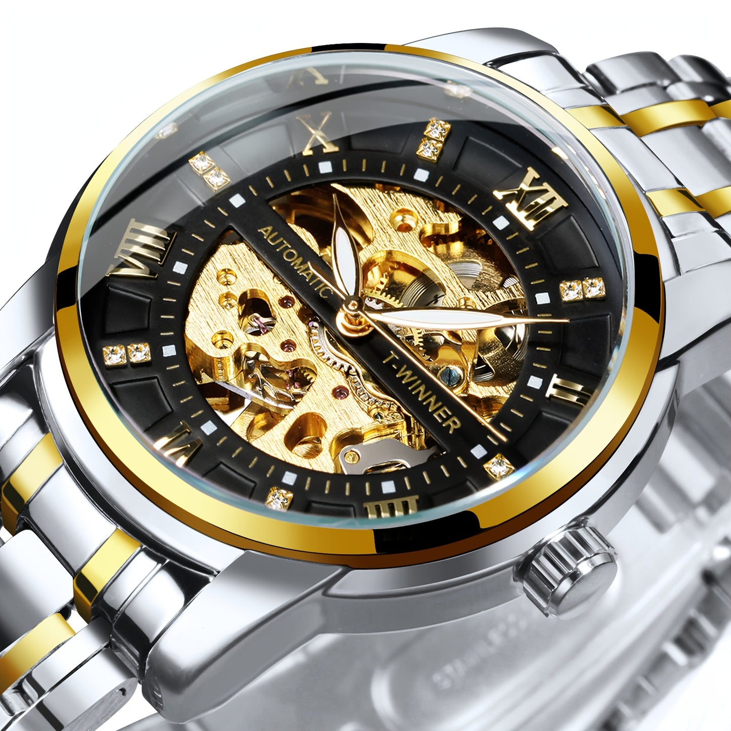 1pc Fashion Luxury Golden Skeleton Automatic Mechanical Watch for Men Luminous Hands Top Brand Stainless Steel Strap Business Casual Mens Watches Festival Birthday Gifts, TWINNER
