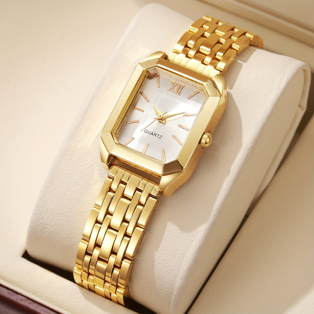 1pc Women's Luxury Square Watch with Multi-Color Dial & Golden-Tone Zinc Alloy Band - Quartz Movement, Fashionable Wristwatch for Casual & Formal Occasions, Casual Wristwatch | Colorful Dial Watch | Premium Look Watch