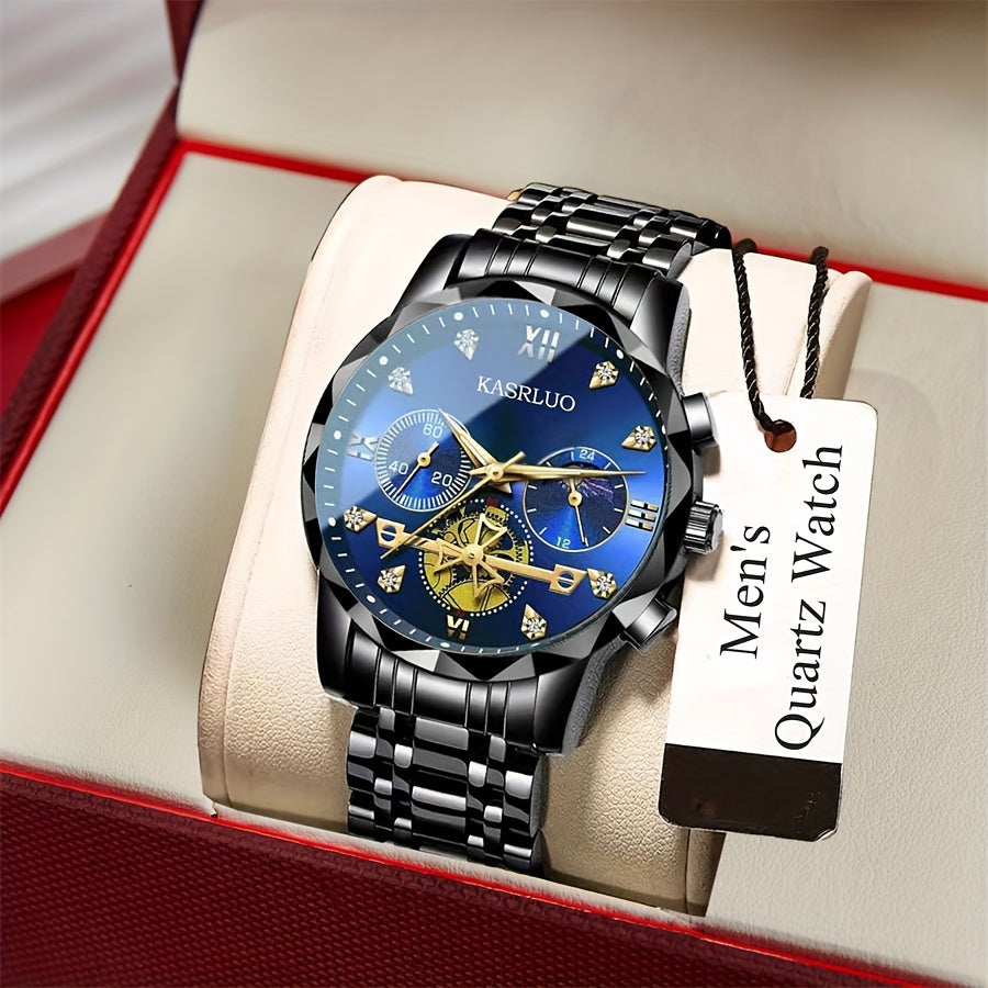1pc Men'S Stainless Steel Quartz Watch with IPX7, Luminous Display, Rhinestone Accents, Scratch-Resistant Dial, Date Window & Chronograph Function - Stylish Casual Timepiece for Casual Attire, Everyday Timepiece | Luminous Wa