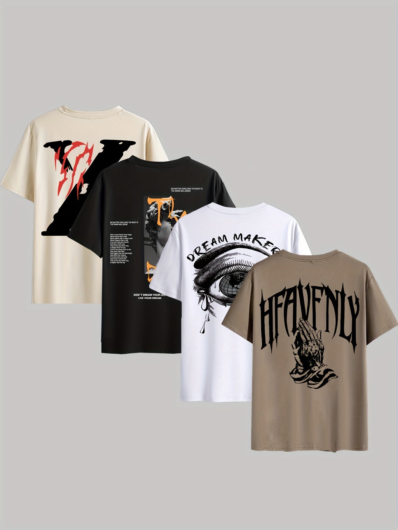 4pcs Men's Graphic Tees - "Heavenly" More Designs, Casual Crew Neck Short Sleeve T-Shirts in Beige, Black, White - Lightweight Polyester for Summer Outdoor Wear