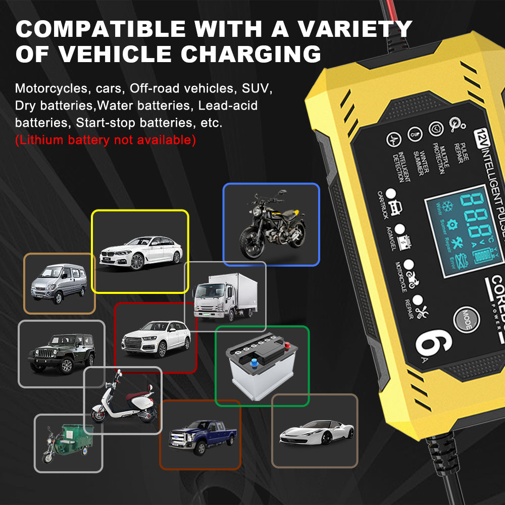 COREBOX EU Plug 12V 6A Smart Battery Trickle Charger 12V Battery Maintainer Battery Charger with LCD Display for Car Truck Motorcycle Lawn Mower Marine Lead Acid Charge, Without Battery