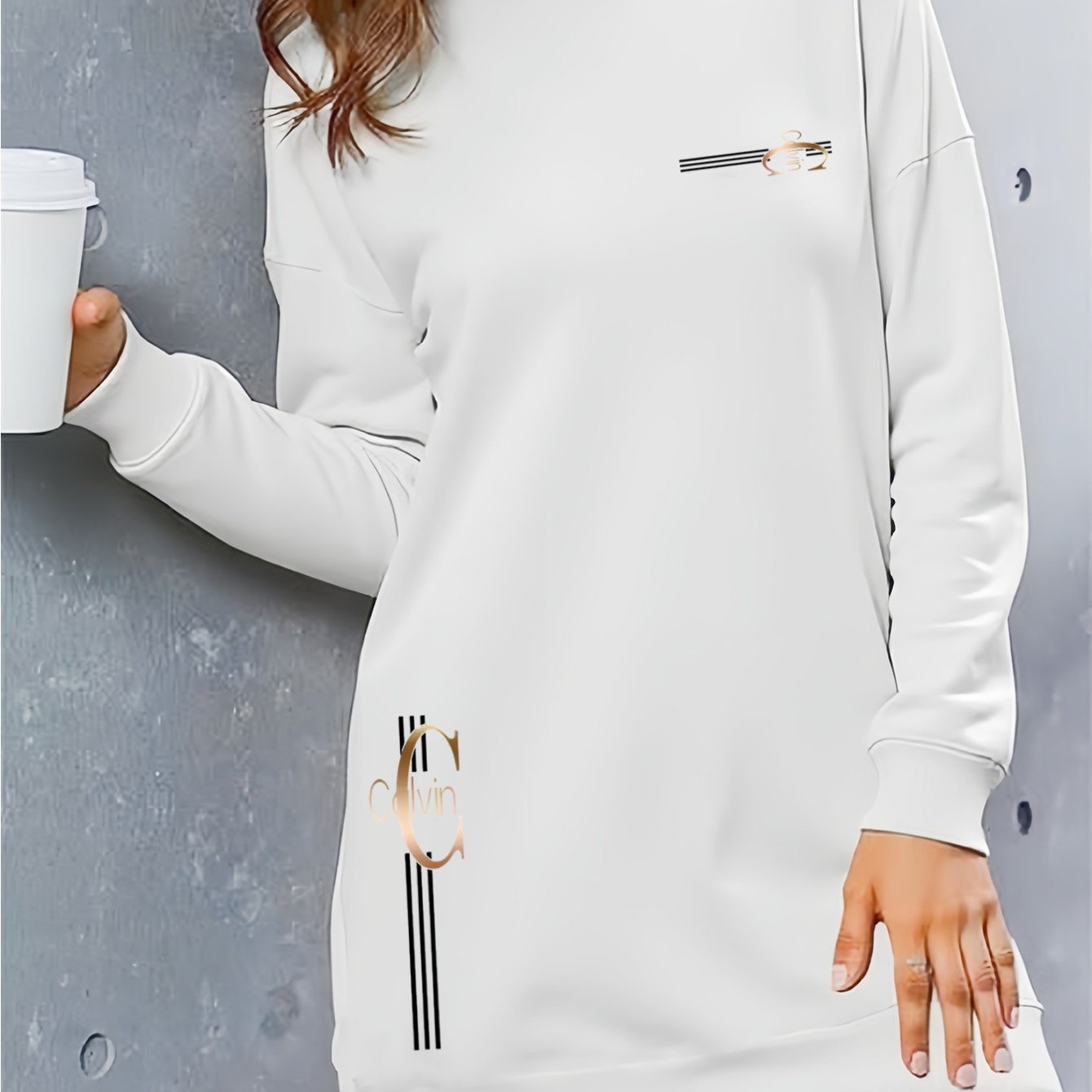 Կանացի էլեգանտ տառերով տպագիր գլխարկով սվիտեր - հաստ բրդյա աստառով երկար զգեստ՝ ոսկեգույն գրվածքով և ոսկեգույն գրվածքով, առջևի կայծակաճարմանդով փակվող, բոլոր եղանակների համար նախատեսված առօրյա էլեգանտ սվիտեր, գեղեցիկ վերնաշապիկ