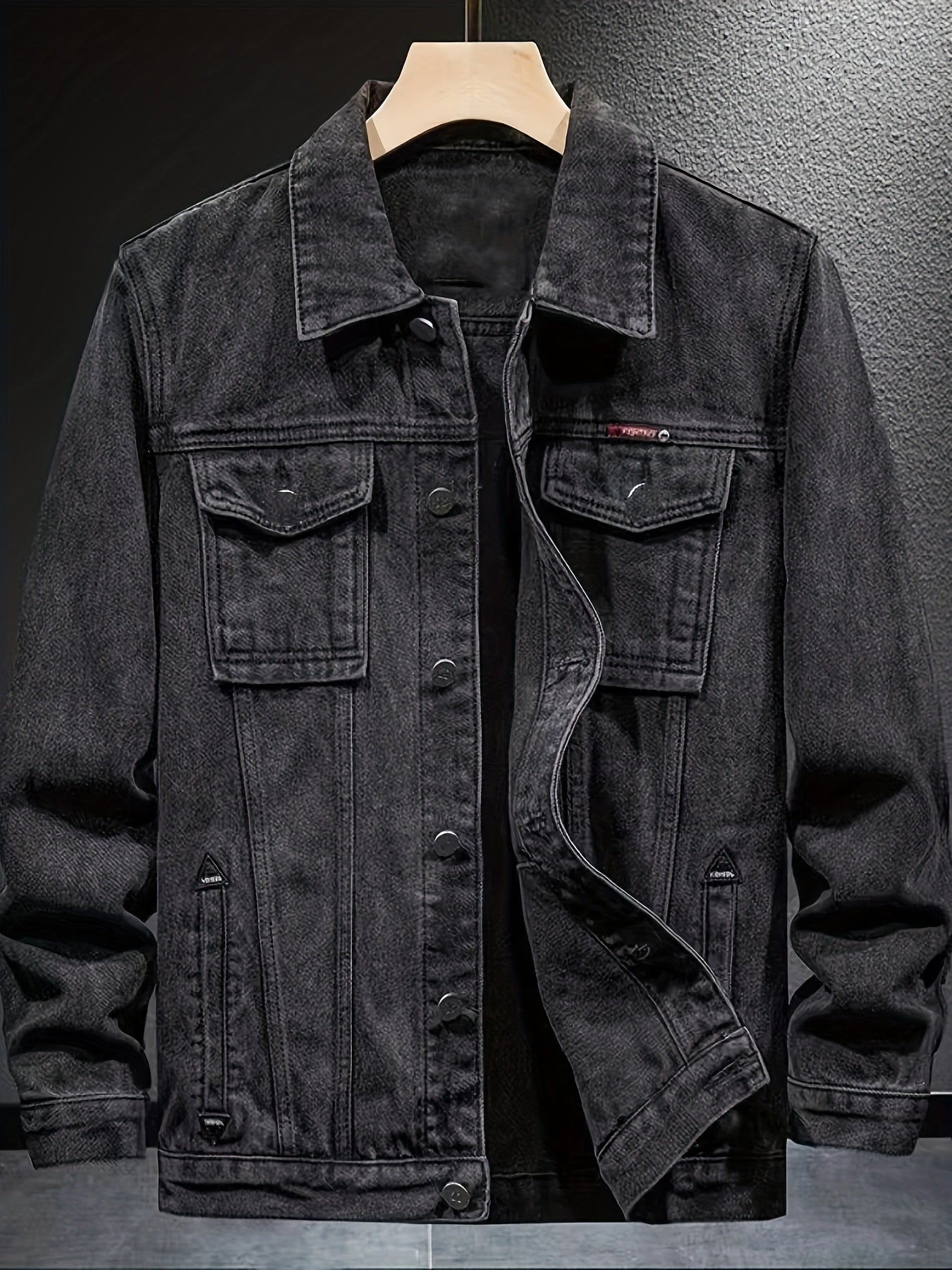 Men's Spring/Autumn Denim Jacket - Casual Chic Style, Black Blend with Red Accents, Button-Up with Flap Pockets, Long Sleeves, Ideal for Hiking & Casual Attire, Outdoor Apparel|Classic Denim Style|Durable Fabric