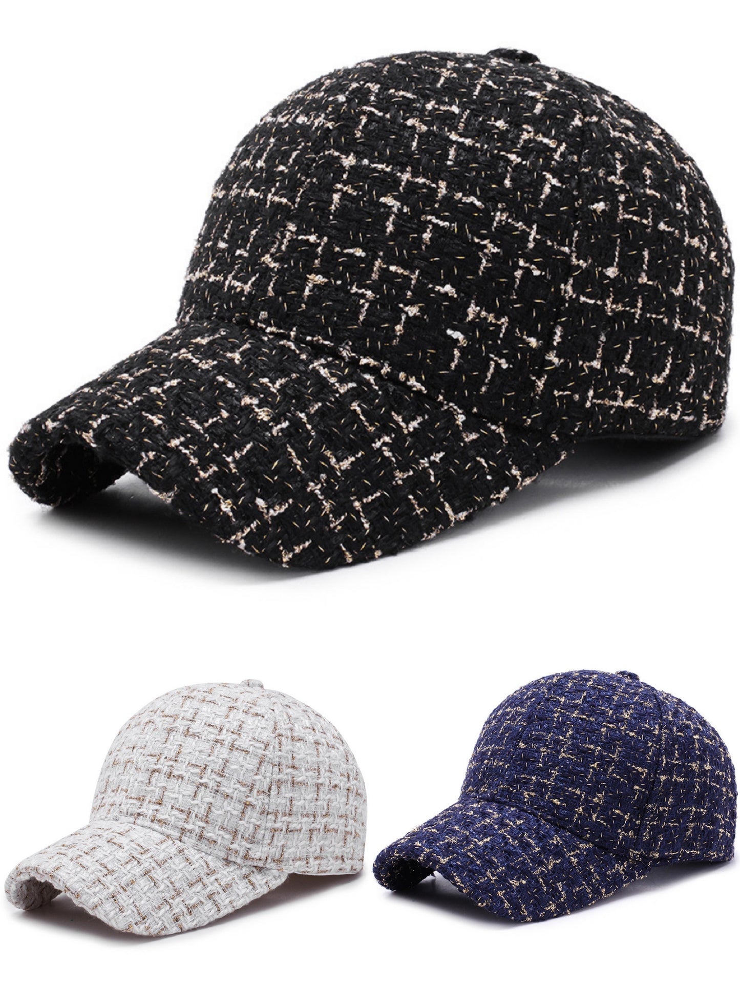 1pc Trendy Black & White Checkered Baseball Cap with Sparkly Golden Embroidery - Stylish Sun Protection Hat for Spring and Fall, Hand Wash Only, Polyester Material, Casual Wear Hat | Checkered Pattern Cap | Woven Texture Cap