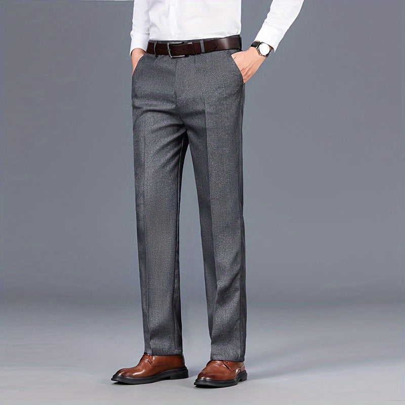 Men's Classic Gray Dress Pants - Medium Thick, Straight Fit with Slant Pockets & Zipper Closure, Polyester, Non-Stretch Fabric for Business Casual & Formal Wear, Ideal for Spring/Autumn