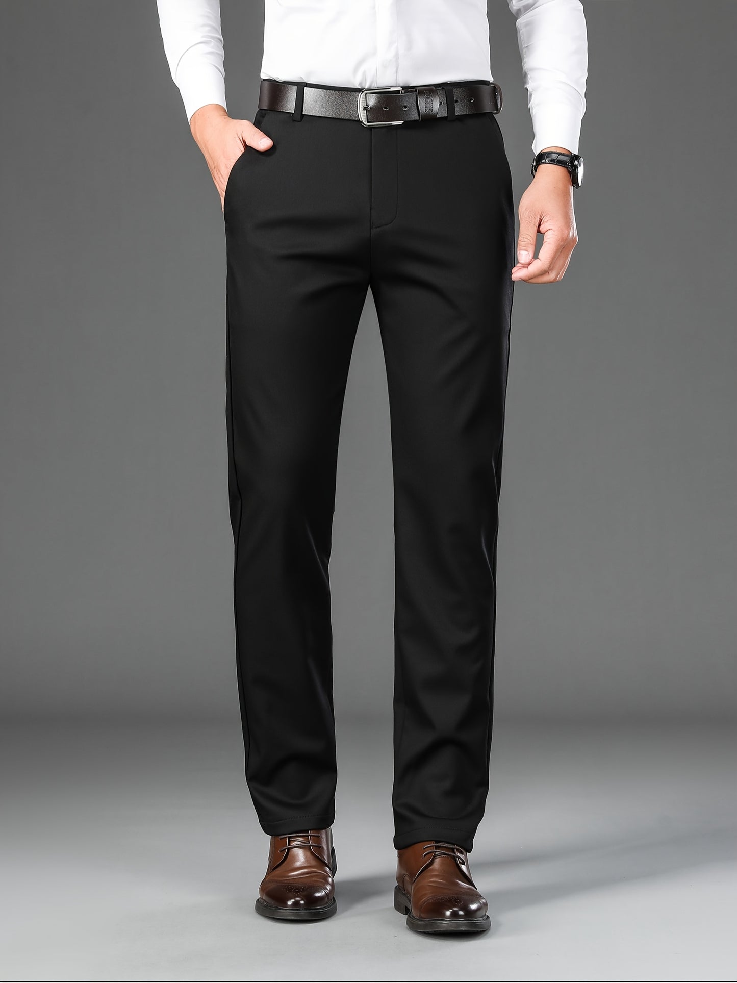 Men's Classic Solid Color Dress Pants - Comfort Fit, All-Season Polyester Blend, Machine Washable - Perfect for Business & Casual Wear