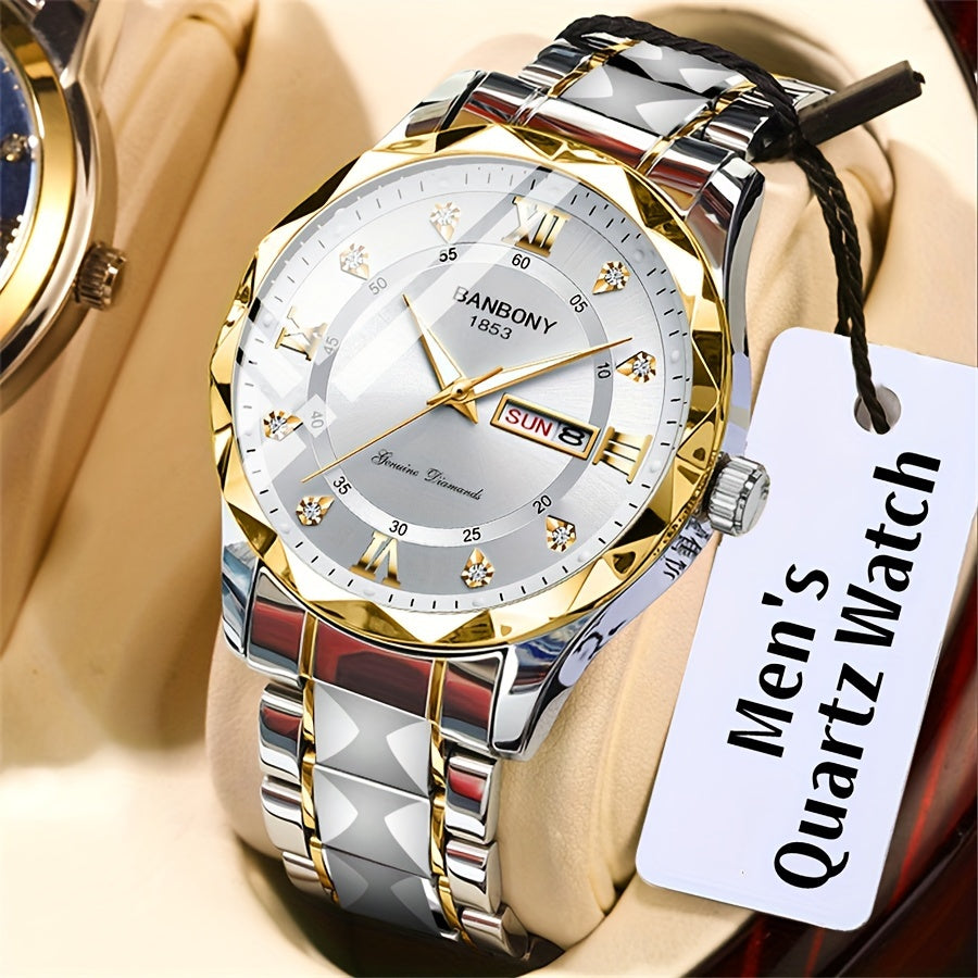 1pc Stainless Steel Strap Men'S Roman Numerals Dial Rhinestones Multifunctional Watch, Ideal for Birthday, Holiday Gifts Valentine'S Day