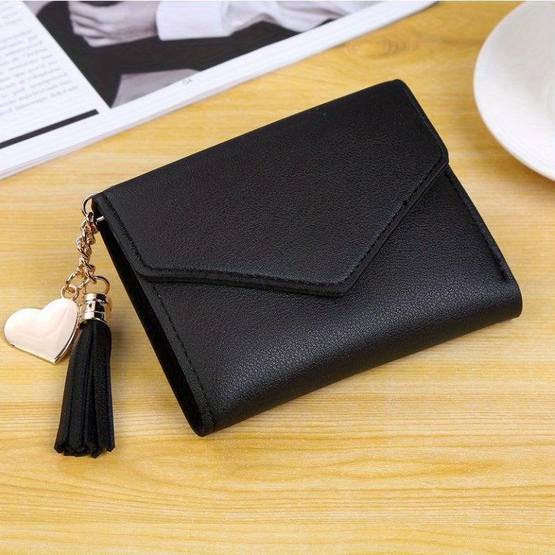 1pc Metal Heart & Tassel Decor Wallet Short Women Wallets Purse, Patchwork Fashion Panelled Wallets, Trendy Coin Purse