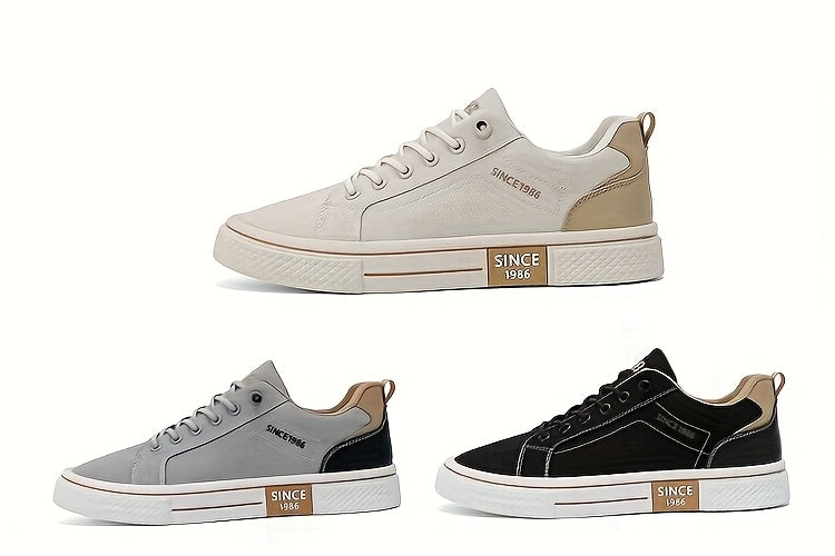 Men's Casual Low-Top Sneakers - Breathable Fabric Durable PVC Sole, Black Beige Contrast Design, Lace-Up Round Toe for All-Season Comfort, Versatile for Casual Semi-Formal Wear, Comfortable Footwear, Fabric Upper