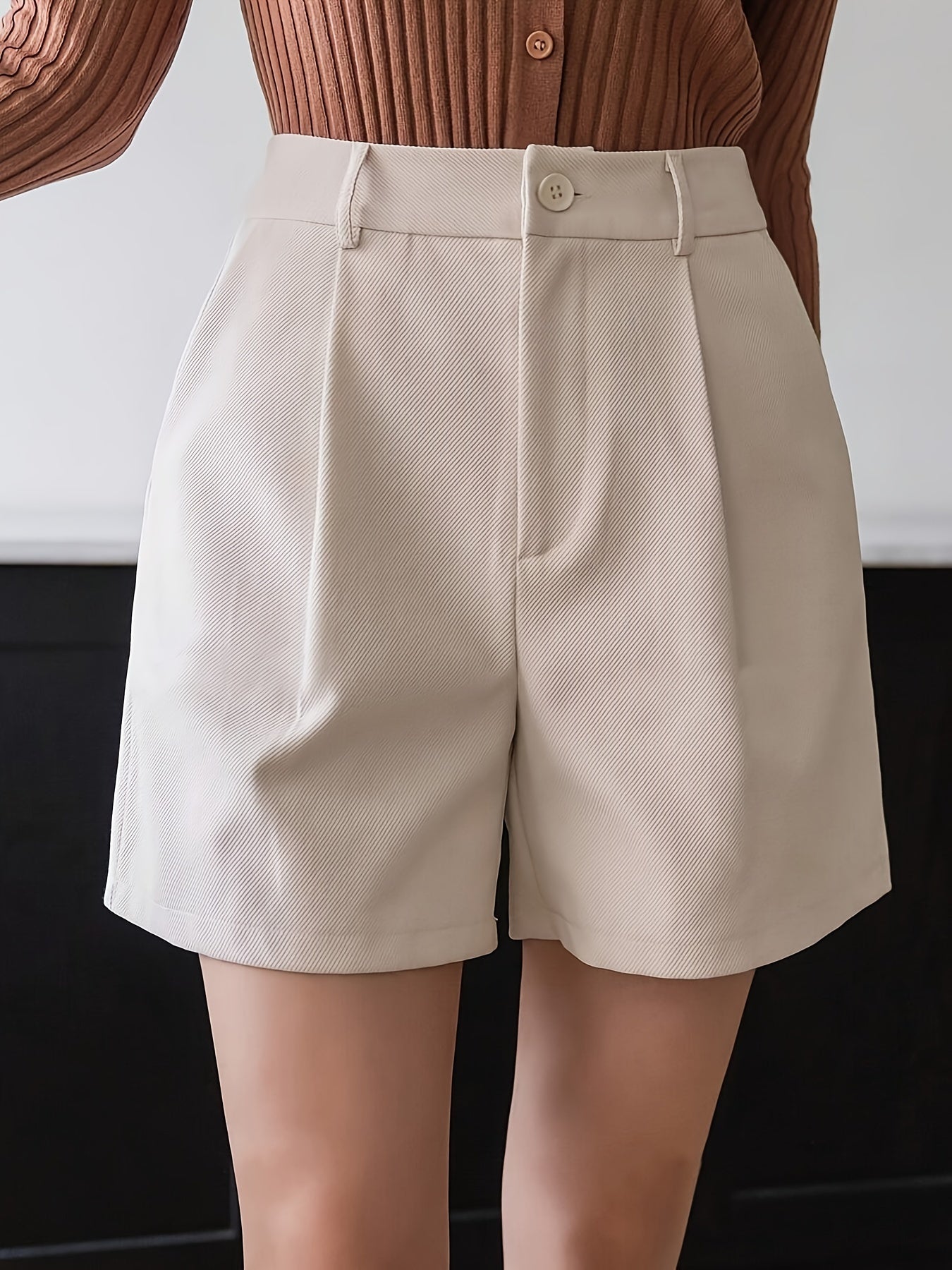 Women'S High-Waisted Straight Pants Shorts with Slant Pockets and Pleats, Solid Color, Woven Polyester, All-Season