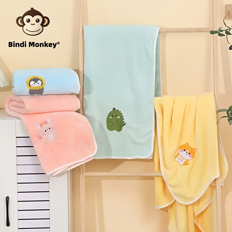 Bindi Monkey Ultra-Soft Coral Fleece Youngsters Towel - Quick-Dry, Absorbent & Cozy Cartoon Embroidered Bath Towel for Boys & Girls - Pink/Green/Blue/Yellow Options