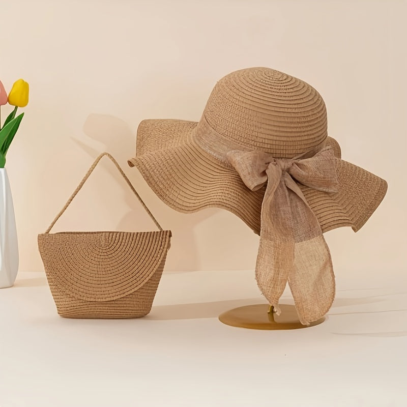 2pcs Women's Khaki Wave Beach Sun Hat & Woven Shoulder Bag Combo - Stylish Ruffled Brim Design, Lightweight & Breathable for Spring/Summer Beach Vacations and Outdoor Activities, Beach Accessories