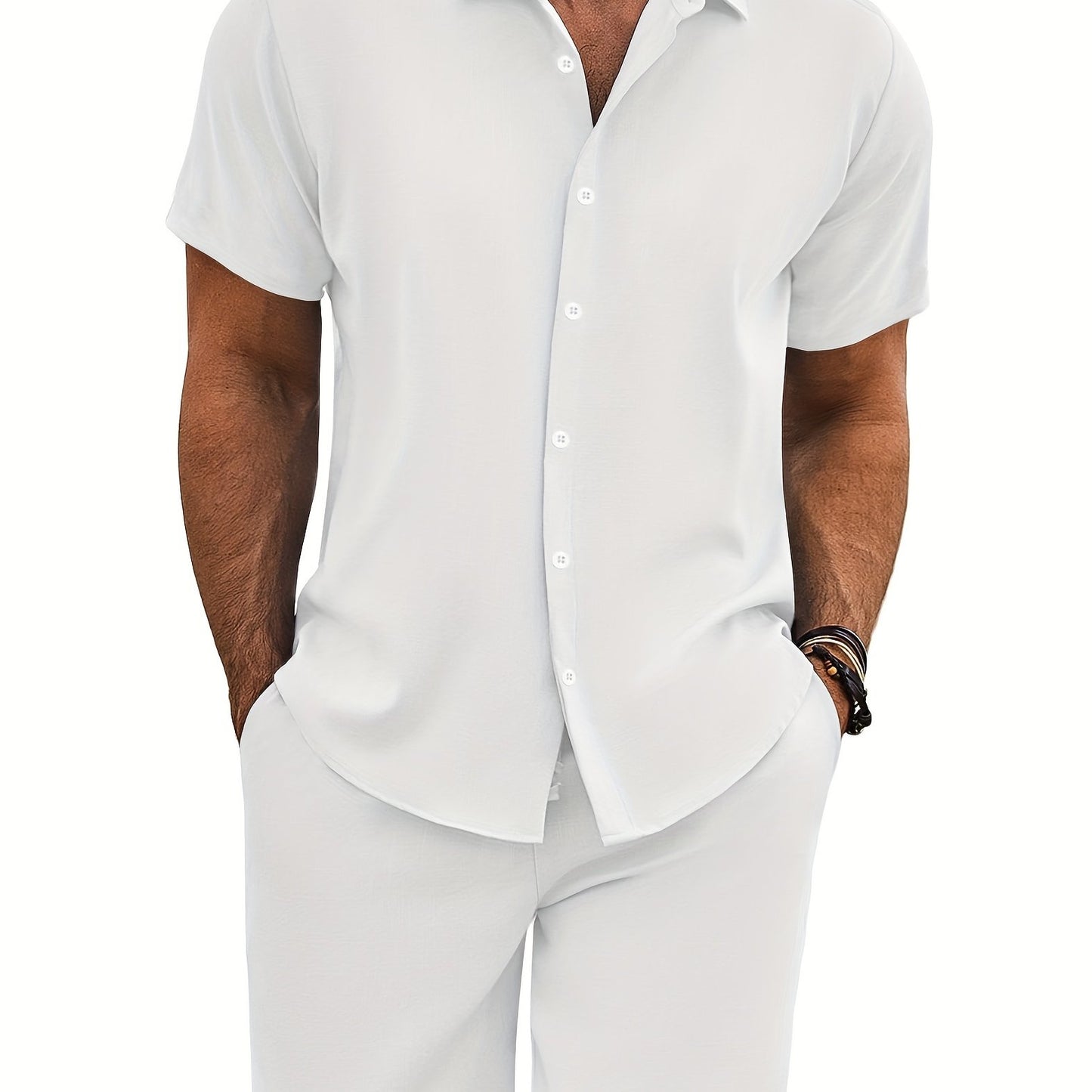 Men'S 2pcs Summer Beach Set, Cotton Linen Blend, Casual Short Sleeve Button- Shirt and Shorts, Solid Color, Lapel Collar, Non-Stretch Fabric, Regular Fit, Woven, 160g/m² - Loungewear Outfit