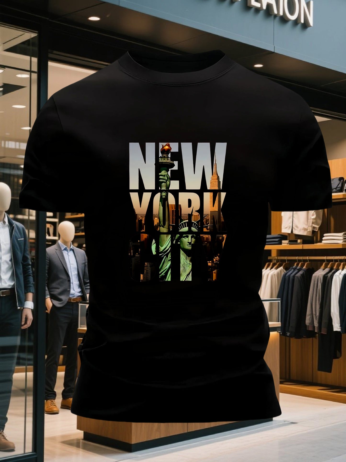 Men's 100% Cotton Crew Neck Short Sleeve T-Shirt with New York City Graphic Print - Navy Blue Casual Comfort Fit Tee, Machine Washable Everyday Essential, Allseason Apparel, Comfortable Outfit, Urban Style, Breathable Materia