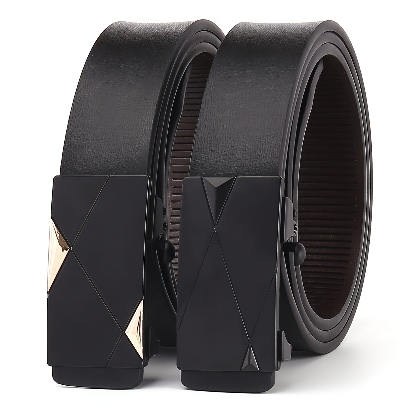Տղամարդկանց Luxury Automatic Buckle Faux Leather Belt - Խնամված սև ոսկեգույն երկրաչափական ճարմանդով, Business Casual Style, Հարմարավետության համար հարմարեցված հարմարեցում, Business Casual աքսեսուար | Բարդ գոտիների դիզայն | Խնամված սև ավարտ