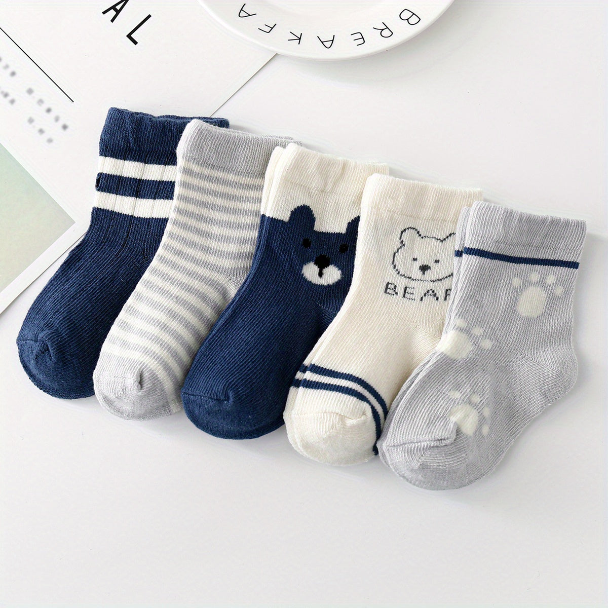 5pairs Cute Bear Footprint Striped Knit Socks, Soft Comfortable Thin Breathable Socks Baby Boys And Girls Accessories