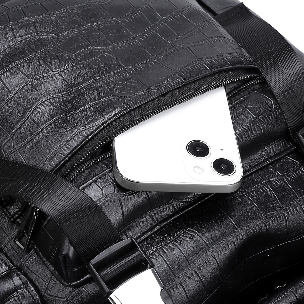 Unisex Backpack with Crocodile Texture, Large Capacity, Anti-Theft, Multi-Compartment, Fits 14-inch Laptop, Casual Travel Business Commute, Minimalist Style, No Battery - Black