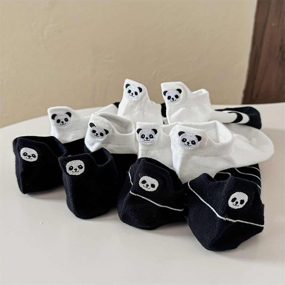 Women's Cotton Ankle-Length Socks 5-Pair Set with Panda Embroidery, Breathable Moisture-Wicking Knit, Anti-Odor, Seamless Toe, Stretch Spandex Blend - Size 200 Needle Count