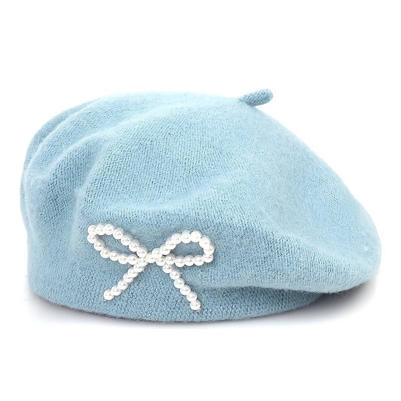 1pc Women's Wool Beret with Pearl Bow - Elegant, Breathable, and Stylish in Multiple Colors (Black, Brown, Gray, Beige, Purple, Pink) for Casual Attire