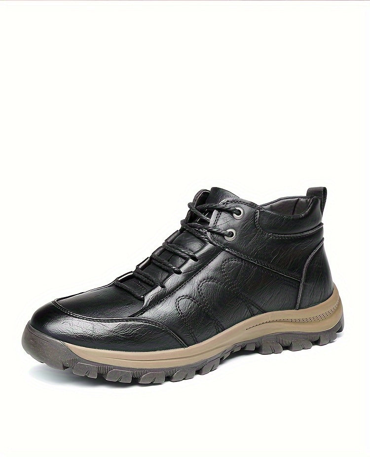 Men'S Stylish Black Leather High-Top Boots - Casual, Fashionable, Business-Ready with Lace-Up Closure, Rubber Sole, and Round Toe Design for Winter Sports and Daily Wear, Winter Boots|Stylish High Boots|Laceup Boots