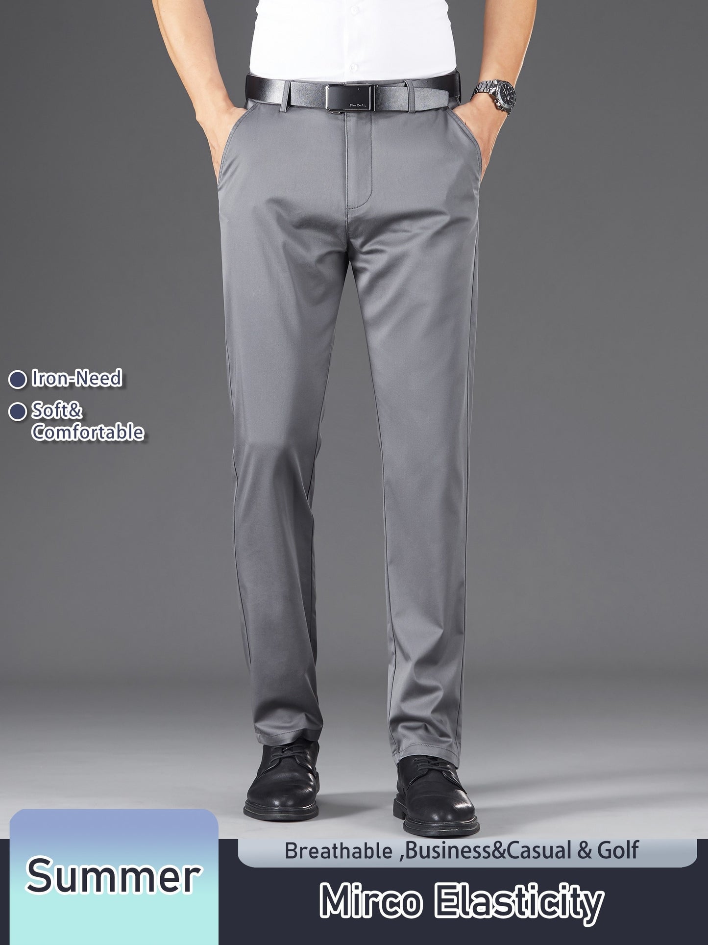 Men's Solid Color Straight Leg Business Style Cotton Blend Pants, Casual Comfy Breathable Outdoor Trousers As Gift