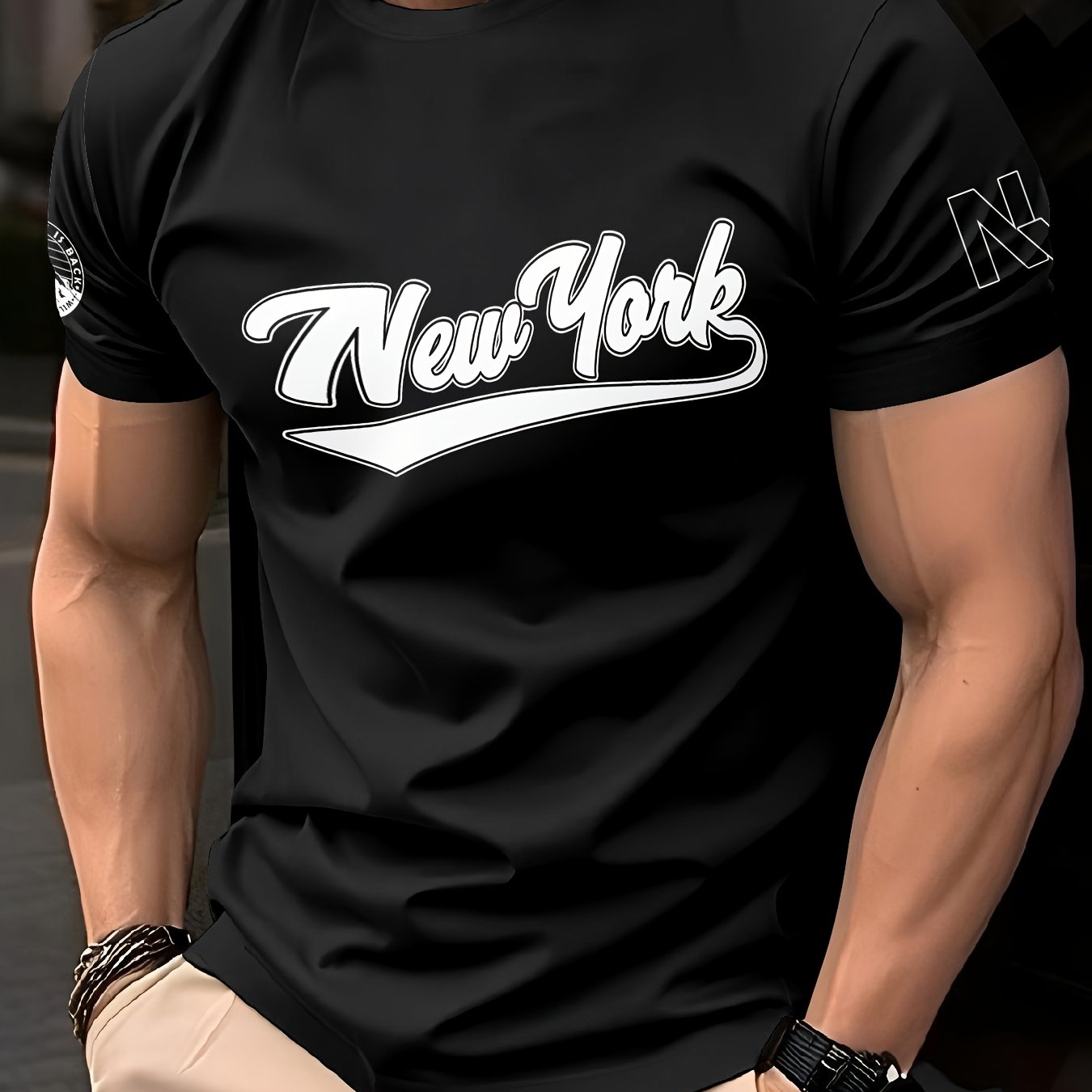 1pc Men's Summer Breathable Quick-Dry T-Shirt - 100% Polyester Moisture-Wicking, Casual Short Sleeve Round Neck Tee with New York Graphic Print for Outdoor Sports Casual Attire
