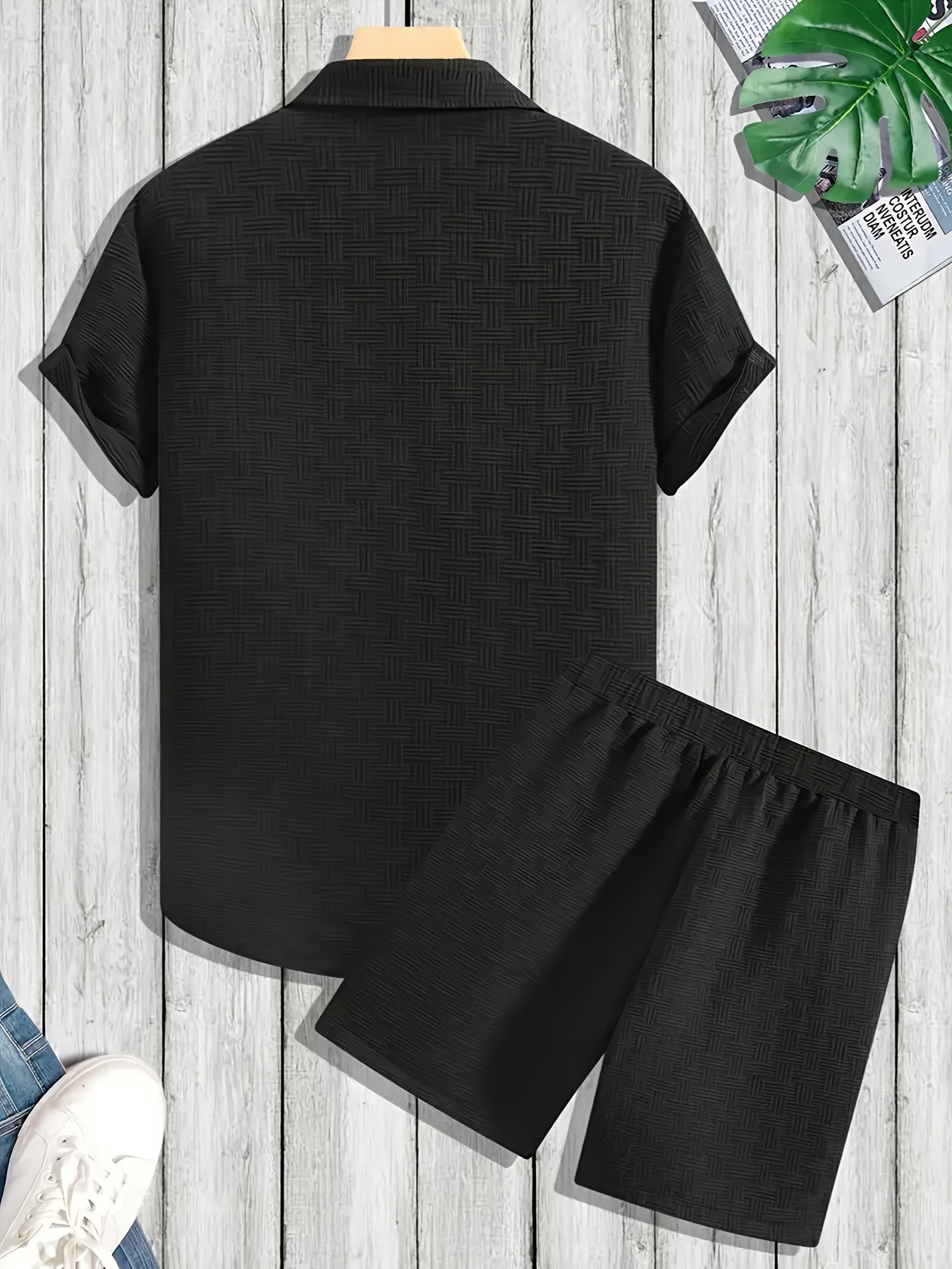 Men's Outfit, Checkered Print Lapel Short Sleeve Button Up Shirt & Shorts 2pcs co ord set for Outdoor Activities