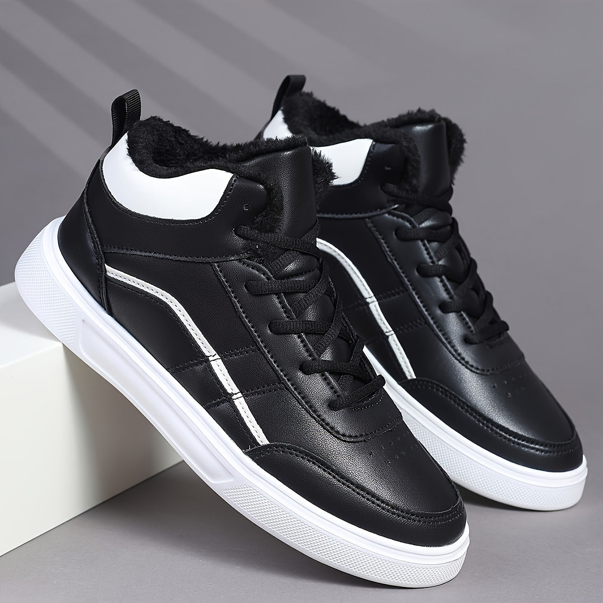 Men'S High-Top Winter Running Shoes - Lightweight Warm Fleece-Lined Sneakers with Synthetic Synthetic Upper, EVA Sole & Breathable Fabric Lining for Cold Weather, Retro Casual Sneakers for Jogging, Gym, Casual Attire - Black/