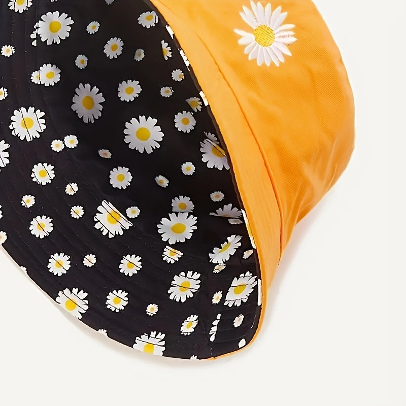 Daisy Graphic Reversible Bucket Hat Black Trendy Breathable Basin Hats Lightweight Sunscreen Fisherman Cap For Women daily use