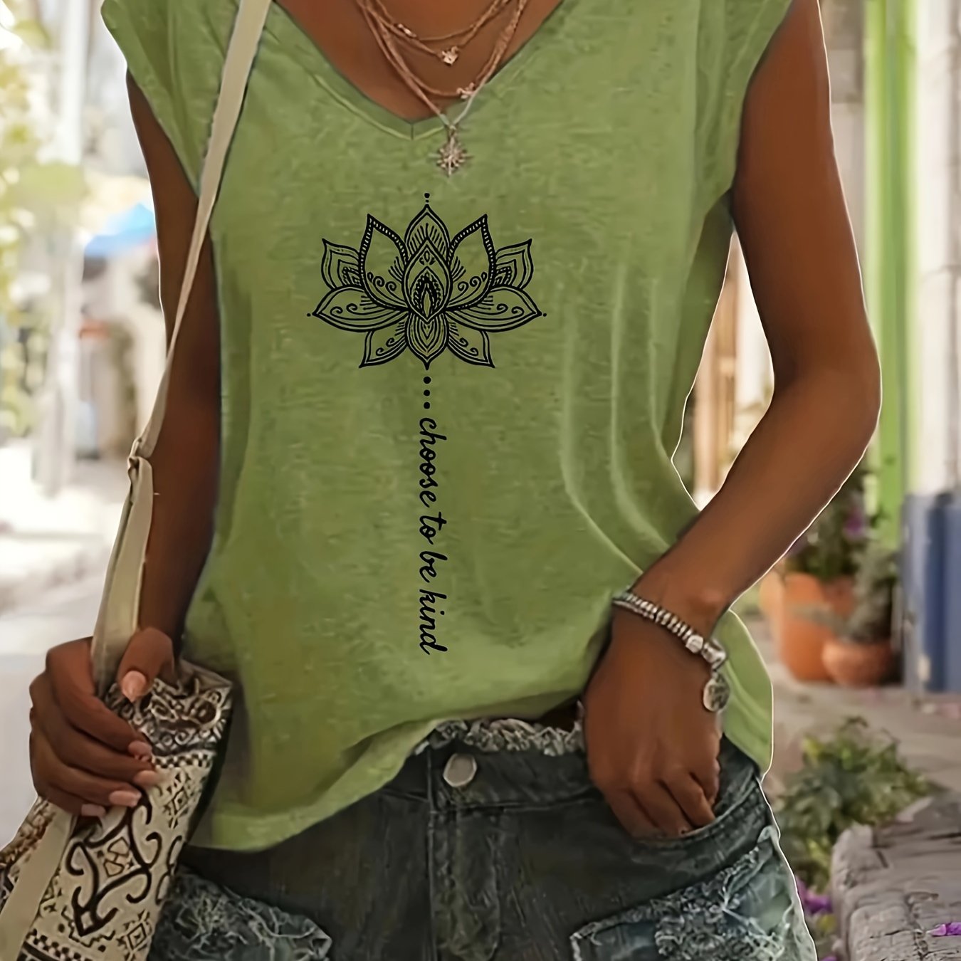 WISH Quick Deal: Ebye Spring/Summer 2024 - Women's Light Blue V-Neck T-Shirt with Inspirational for Lotus & Letter Print, Casual Loose Fit, Rayon Blend, Machine Washable