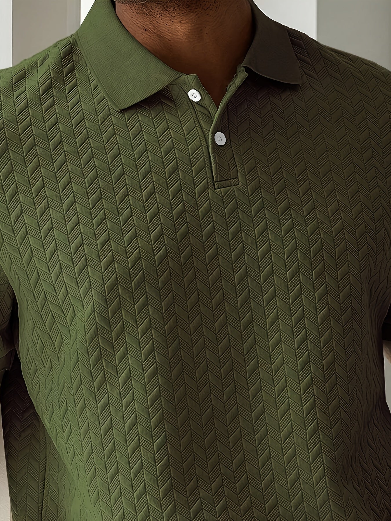 Men'S Casual Black Short Sleeve Polo Shirt with Textured Diamond Pattern - Polyester, Button-Up, Regular Fit for Summer, Casual Attire|Textured Pattern Shirt|Polyester Fabric