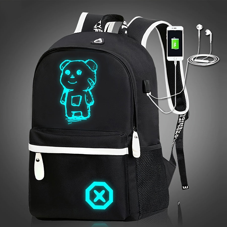 Glow-in-the-Dark Men's Backpack - Stylish & Lightweight, Large Capacity Oxford Fabric Daypack with USB Charging Port for Daily Commute, Campus, Cartoon, High School