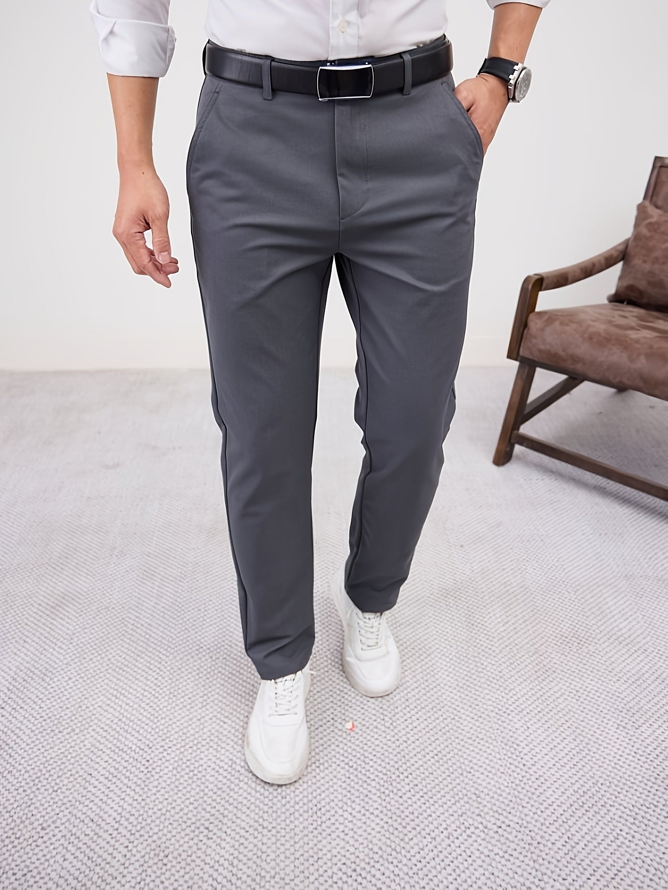Men'S Casual Solid Color Regular Length Slight Stretch Woven Fabric Pants for Adult