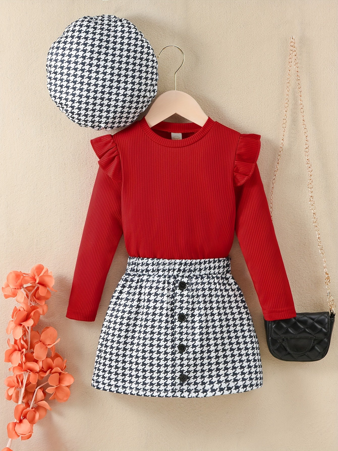Youngsters Girls Ruffle Tee & Houndstooth պրինտ կիսաշրջազգեստ և գլխարկ