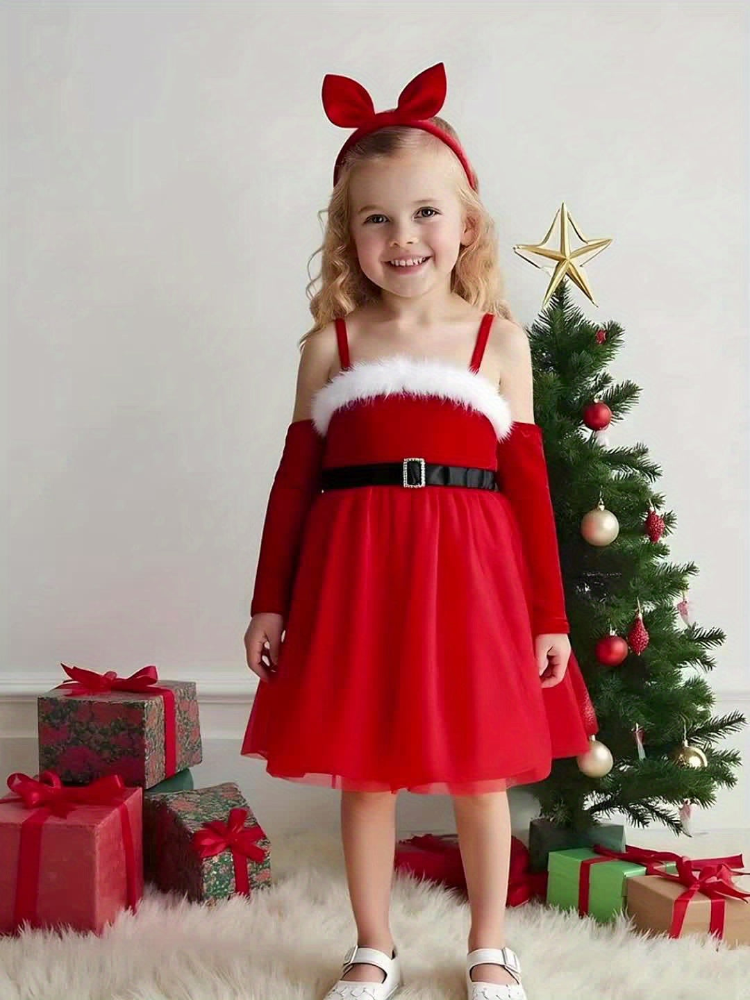Girls' Christmas Red & White Tulle Dress with Spaghetti Strap Off-Shoulder Neckline, Long Sleeves, Fluffy Trim Hem & Golden Belt - Elegant Party Dress for Holiday Celebrations, Christmas Pageant, New Year's Eve - Machine Wash