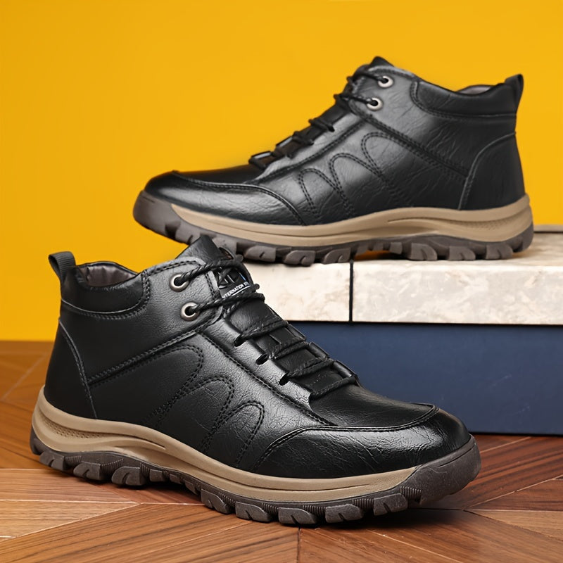 Men'S Stylish Black Leather High-Top Boots - Casual, Fashionable, Business-Ready with Lace-Up Closure, Rubber Sole, and Round Toe Design for Winter Sports and Daily Wear, Winter Boots|Stylish High Boots|Laceup Boots