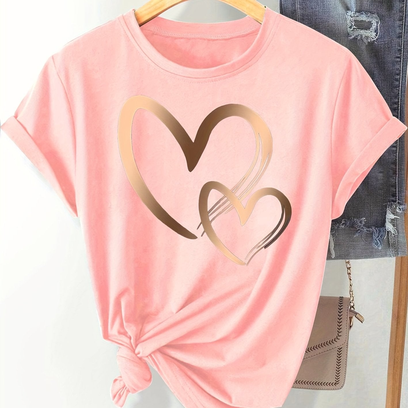 Chic Love Series Gradient Double Heart Graphic Tee for Women - Casual Retro Style, Round Neck Short Sleeve, Breathable Polyester, Machine Washable, in Black with Golden & White Hearts, Sizes S-XXL