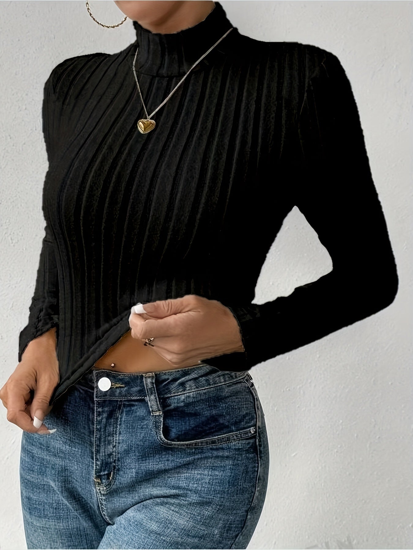 Fashion Ribbed Plain High Collar Long Sleeve Top Knitted Pullover